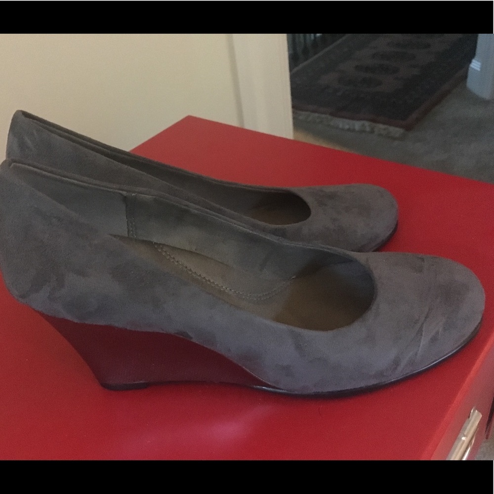 Grey suede wedge pumps. Never worn.